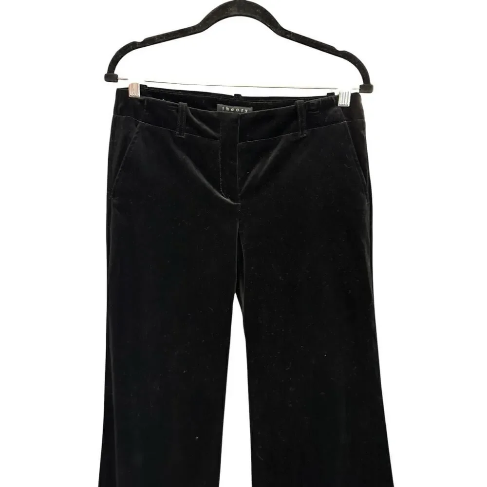 Theory Women’s Black Velvet Low Rise Wide Leg Pleated Pants Size 6